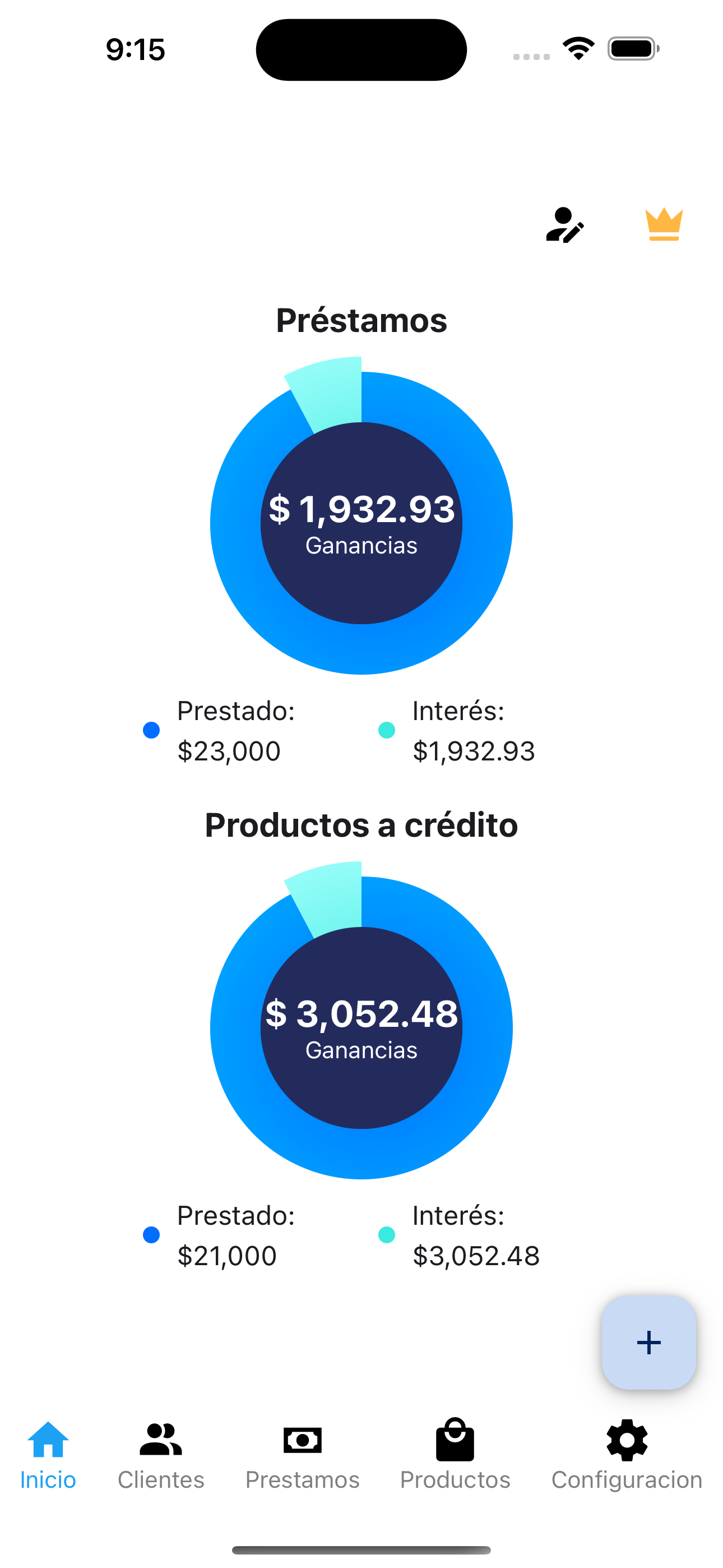 Pantalla de productos CrediManager